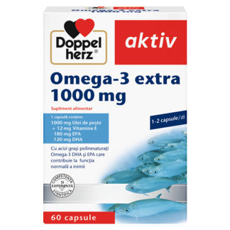 Illustration of the product packaging Doppelherz aktiv Omega-3 Extra 1000 mg front view