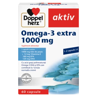Illustration of the product packaging Doppelherz aktiv Omega-3 Extra 1000 mg front view