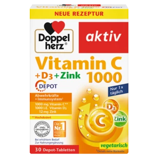 Illustration of the product packaging Doppelherz aktiv Vitamina C 1000 + D3 + Zinc DEPOT front view