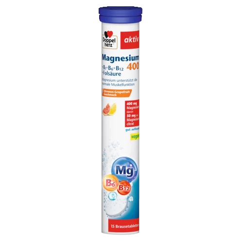 Doppelherz aktiv Magneziu 400 + B1 + B6 + B12 + Acid Folic Efervescent Vedere frontală