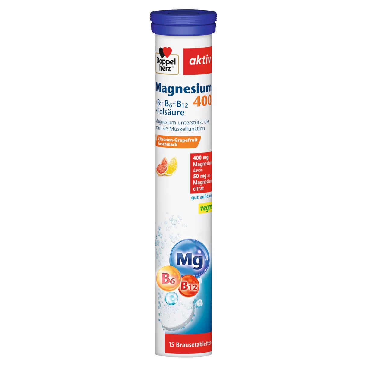 Doppelherz aktiv Magneziu 400 + B1 + B6 + B12 + Acid Folic Efervescent Vedere frontală