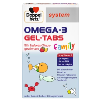 Illustration of the product packaging Doppelherz system OMEGA-3 GEL TABS FAMILY front view