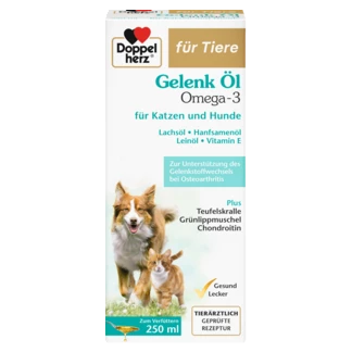 Illustration of the product packaging Doppelherz für Tiere OMEGA-3 ULEI PENTRU ARTICULAȚII PENTRU CÂINI ȘI PISICI front view