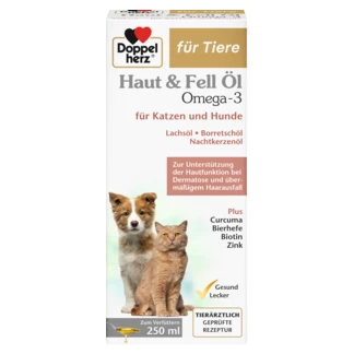 Doppelherz für Tiere OMEGA-3 ULEI PENTRU PIELE ȘI BLANĂ PENTRU CÂINI ȘI PISICI Vedere frontală